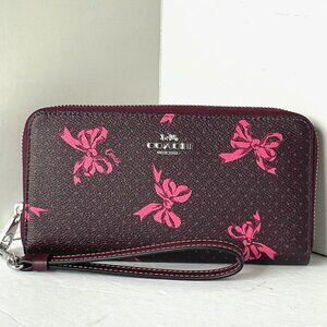 Coach Pink Bow Long Zip Around Wallet Wristlet Merlot Canvas CZ327